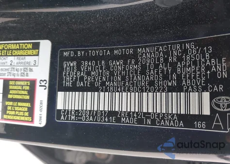 2013 Toyota Corolla S z USA, uszkodzony, nr VIN 2T1BU4EE9DC120223